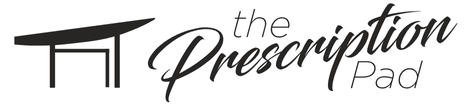 Logo with a stylized black desk on the left and the words “the Prescription Pad” in cursive and print fonts on the right.