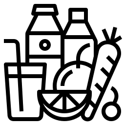 healthy-drink Black and white line drawing of juice bottles, a glass with a straw, a carrot, a whole and sliced citrus fruit, and a round fruit or vegetable.