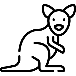 wallaby Black and white line drawing of a kangaroo facing forward with one arm bent and its tail extended behind.
